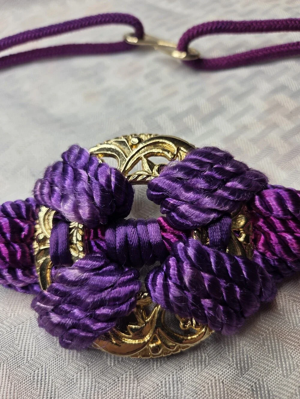 Vintage 80s Purple Braided Cord Belt Gold Filigree Medallion Knotted